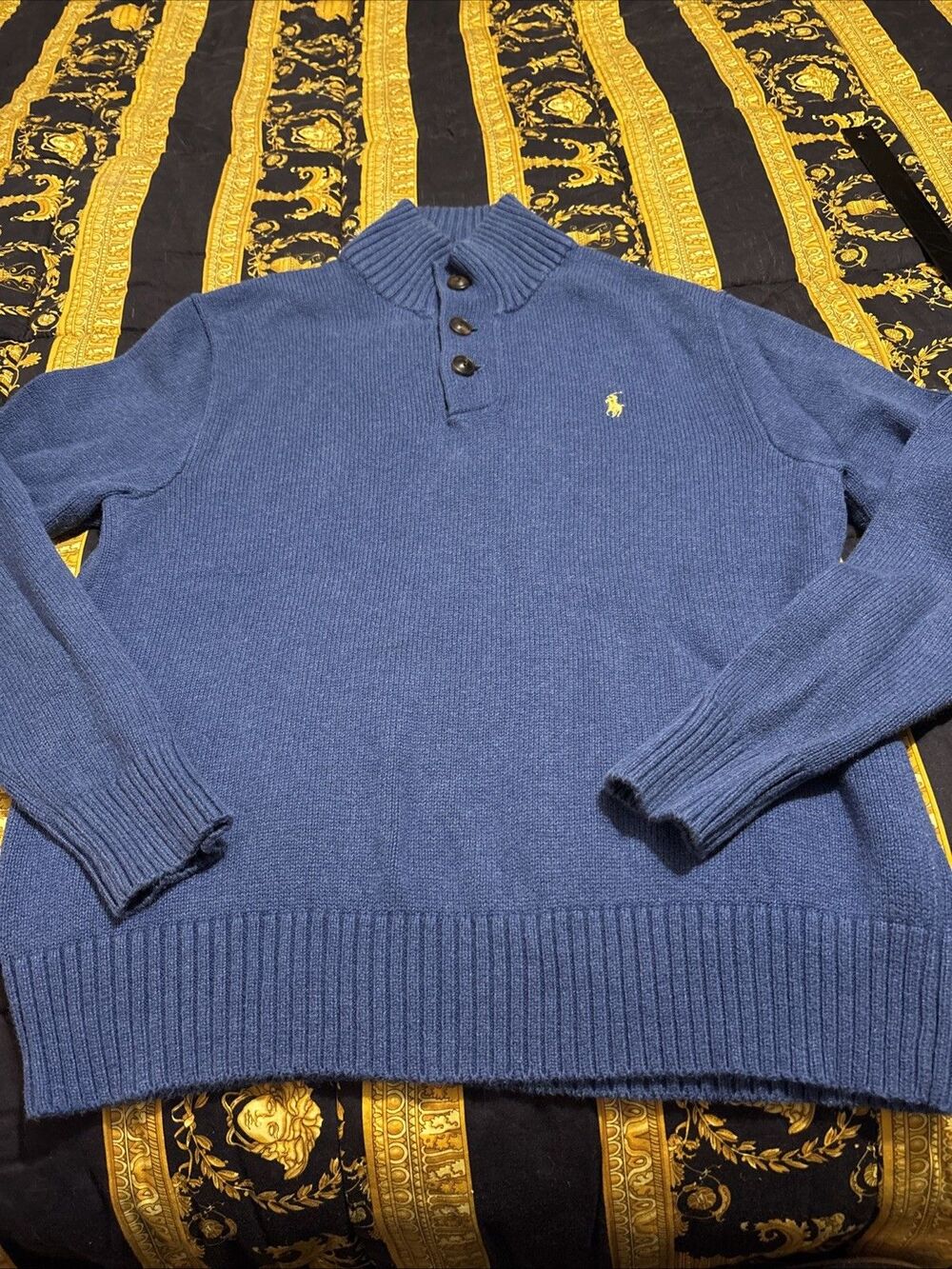 Polo Ralph Lauren Henley Sweater Men’s Large Blue 3 Button Cotton Knit Preppy